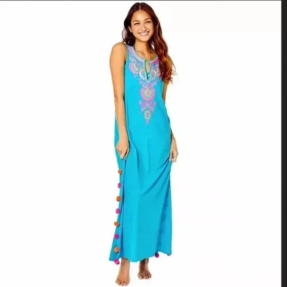 Lilly Pulitzer Nolia Maxi Dress Cover Up Turquoise Oasis Embroidered - Picture 2 of 2